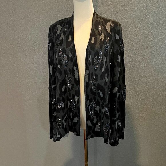 CHICO'S Animal Print Open Front Cardigan w/ Sequins Black Gray Bell Sleeves Sz 2 - Picture 1 of 12